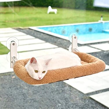 Zakkart Foldable Cat Hammock for Window Cordless Embeded Machine Washable Bed Robust Metal Frame Cat Window Perch for Large Cats and Kitten Brown Bolster Bed Medium