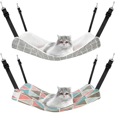 Jetec 2 Pack Cat Hammock for Cage Catio Accessories Reversible Soft Cats Bed with Adjustable Straps and Hooks DoubleSided Linen and Fleece Hanging Hammock for Cats KittenGeometry PatternM