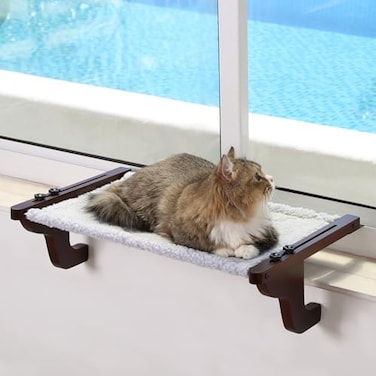 Zakkart Easy Seat Cat Perch for Window Sill Hammock Design wPremium Wood Robust Metal Frame Cat Window Seat for Large Cats and Kittens Dark Stained Wood wGray Bed Medium 23W x 14D