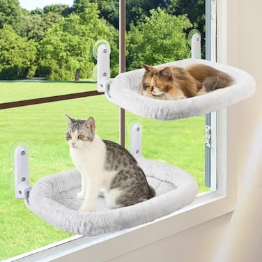 Zoratoo 2PC Cat Window Perch with Bolster Foldable Cat Hammock Cushion Bed for Window with Metal Frame Large Suction Cups Cordless Window Resting Seat for Indoor Cats Cushion Bed 2PC