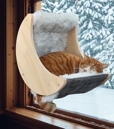 HAPYKITYS Window Cat Beds with Ultra Plush Hammock Moon Shelves Mounted with Strong Suction Cups Cat Window Seat for Overlooking and SunbathingFaux Wool Fur