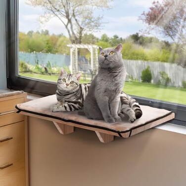 PETSFIT Cat Window Perch for 2 Cats Adjustable Cat Hammock with Removable Fleece Mat Natural Solid Wood Design Easy to Assemble Window Perch for Large Cats Fits Windowsill Bedside Drawer
