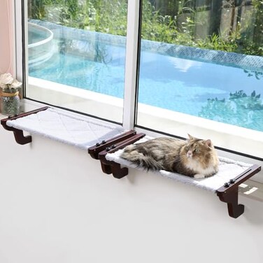 Zakkart 2PC Easy Seat Cat Perch for Window Sill Hammock Design wPine Wood Robust Metal Frame Cat Window Seat for Large Cats and Kittens Dark Stained Wood wGray Bed Medium 23W x 14D