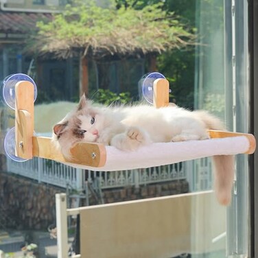 Aloxina Cat Window Perch with Wooden Frame Foldable Cat Hammock Bed for Indoor Cats Soft Rabbit Fur Cover Washable Strong Suction Cups No Drilling Supports Large Cats