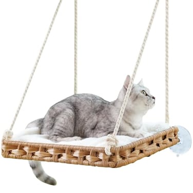 SETVSON Cat Window Perch Cat Window Hammock Bed for Indoor Cats Large Handwoven PE Rattan Window Seat 4 Suction Cups Double Sided Washable Cushion Bed 23 Inch Fence Shelf for Pet Kittens Natural