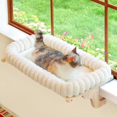 Zakkart SnugCloud Cat Window Perch with 4Sided Bolster Orthopedic Cat Hammock for Window Sill Solid Hardwood Metal Frame Window Seat for Pets Natural Color Wood wWhite Bed Medium