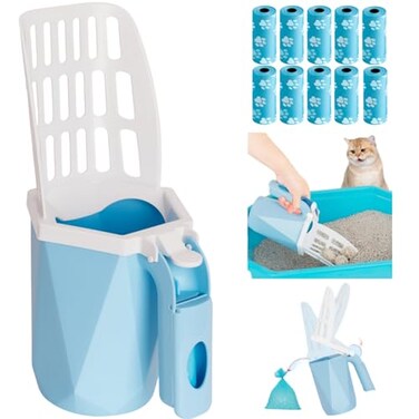 COMTENS Cat Litter Scoop Cat Litter Scooper with Holder for Litter Box Includes 10rolls 150pcs Litter Bags Large Shovel and Waste Storage Container 3 in1 Portable Kitty Poop Disposal System Blue