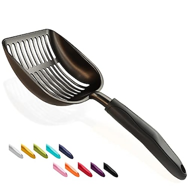 WePet Cat Litter Scoop NonStick Plated Aluminum Alloy Sifter Kitty Durable Metal Scooper Deep Shovel Long Handle Kitten Pooper Lifter Size Large Coated Black Body with Black Handle