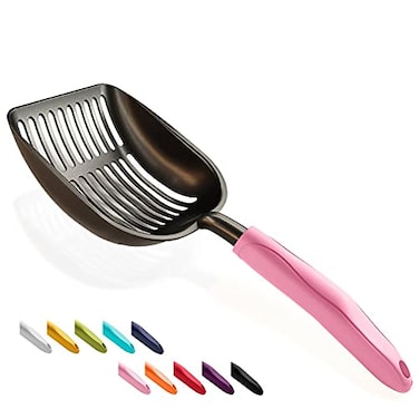 WePet Cat Litter Scoop NonStick Plated Aluminum Alloy Sifter Kitty Durable Metal Scooper Deep Shovel Long Handle Kitten Pooper Lifter Size Large Coated Black Body with Pink Handle