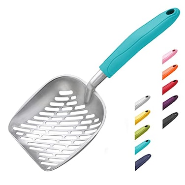 WePet Cat Litter Scoop Aluminum Alloy Sifter Kitty Metal Scooper Deep Shovel with Diagonal Sifting Hole Long Handle Kitten Poop Lifter for Litter Box Large Size Turkish Blue Handle