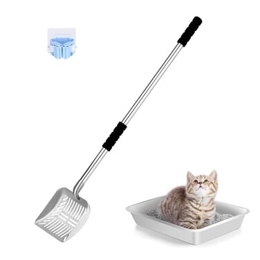 LYCC Cat Litter Spoon Metal Removable Stainless Steel Long Handle Cat Litter Screen NonStick Coated with Adjustable Handle and Soft Grip Heavy Duty Pet Cat Litter Shovel with 1 Pcs Hook