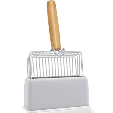 UFECODO Fast Sifting Cat Litter Scoop with Holder Stand Stainless Steel Poop Scooper with Ergonomic Wood Handle Heavy Duty and Easy Clean