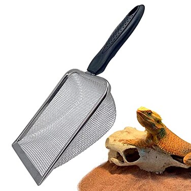 Casidoxi Falltail Stainless Steel Reptile Sand Substrate Scoop Shovel Sifter Fine Mesh Metal Reptile Litter Cleaner Scooper for Sand Bedding