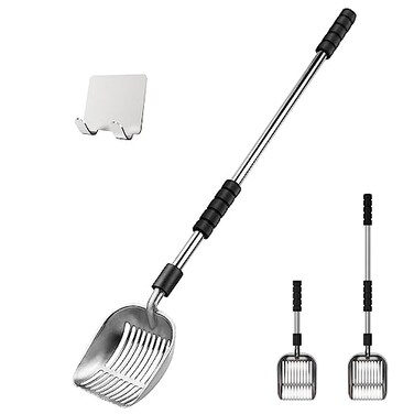 Depets Cat Litter Scoop Metal Litter Scooper with Deep Shovel Detachable Long Handle Cat Litter Sifter with Holder Large Durable Cat Litter Shovel with Foam Pad Grip for Easy Sifting