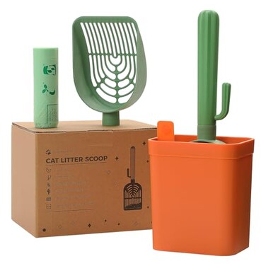 MUTTROS Cactus Cat Litter Scooper with Holder 2 Replaceable Wheat Straw Plastic Shovels ABS Handle and Box Cat Litter Scoop with Bag Trash Bag Storage Premium Kitty Litter Scoop Green