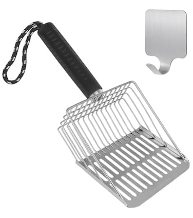Faoemsey Cat Litter ScoopSolid and Durable Kitty Metal ScooperStainless Steel SifterHeavy Dutyfor Litter BoxBlack Rubber HandleIncluded Stainless Steel Hook