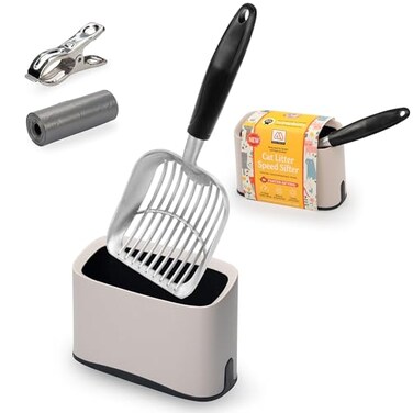 MessMatter Heavy Duty Full Metal Cat Litter Scoop with Holder Speed Sifter Litter Box Scooper Captures All Clumps Kitty Litter Sifting Shovel Comfy Handle Cat Scooper Includes Litter Bags NonSlide