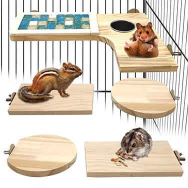 BNOSDM Wooden Hamster Cage Platform Set Wood Chinchilla Ledges and Platforms Rectangle LShaped Round Cage Accessories with Cooling Standing BoardFood Cup for Mouse Squirrel Gerbil Guinea Pig