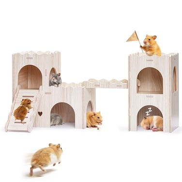 Jevnd Large Hamster Hideout Wooden Hamster Houses and Hideouts DoubleDecker Hamster Hut Castle Dwarf Gerbils Habitat House with Climbing Ladder Multi Chamber Syrian Hamsters Hides