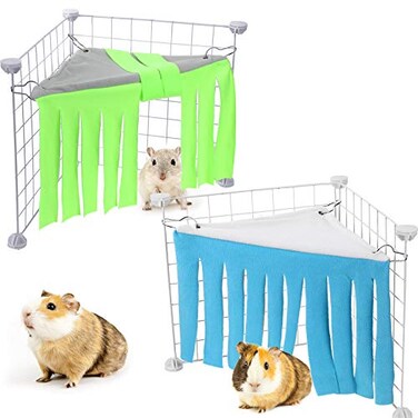 Shappy 2 Pcs Guinea Pig Hideout Hideaway Corner Fleece Toys Cage Accessories Cute Ferret Hammock for Ferrets Chinchillas Hedgehogs Small PetsGrey with Blue Grey with Green Patternless