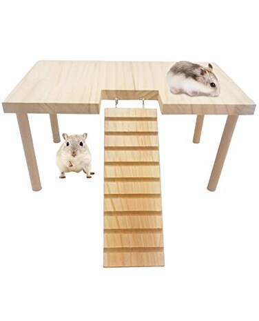 BNOSDM Large Wooden Hamster Platform with Ladder Natural Wood Standing Platform for Syrian Hamsters Guinea Pigs Gerbils Chinchillas Mice