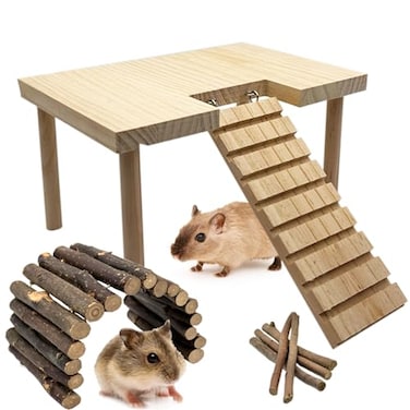 Niwaes Hamster Platform with Ladder Wooden Syrian Hamsters Standing Platforms with Legs Set Wood Gerbils Climbing Bridge Toy Mouse Cage Accessories