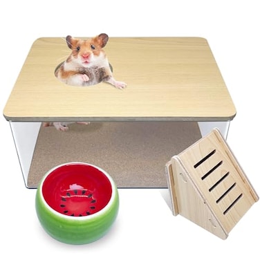 PINVNBY Hamster Sand Bath Box Transparent Acrylic Sand Bath Shower Gerbils Digging Room Container with Climbing Ladder and Ceramic Bowl Litter Box for Hamsters Guinea Pigs Mice Rectangle