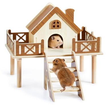 Jevnd Wooden Hamster Platform and Dwarf Hamster House Hamster Cage Platform With Climbing Ladder Cute Syrian Hamster Hideout Hamster Cage Accessories Platform for Putting Food Bowl Hamster Gerbil Cast