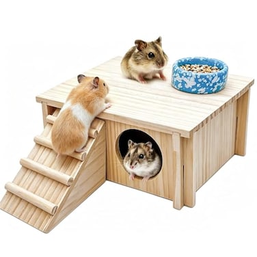 Acsist Wooden Hamster Hideout HouseGerbil Hide Hut with Climbing Ladder PlatformDwarf Syrian Hamster Hideaway Cave Cage Accessories Habitats Decor for Rat Mice Mouse and Other Small Pets