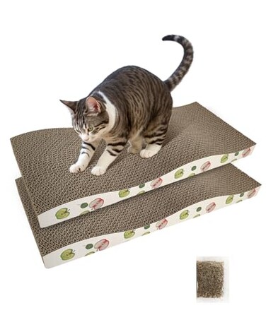 TIMHAKA Cat Scratching Board Corrugate Cat Scratcher for Indoor Cats with Catnip Cat Scratch Pad with Premium Scratch Textures Design Cardboard Cat Scratcher with DoubleSided Usability Pack of 2