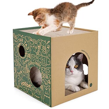 ARGOPET Cardboard Cat House with 2 Story Scratch Pads Indoor Cat Play House Corrugated Scratcher Box Hideout for Small Animals