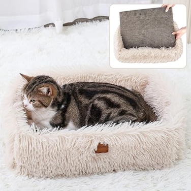 TIGOADT Fluffy Cat Scratcher Lounge Box with Removable CardboardCat Rectangular Bed with Corrugated Board Pet Scratching Pad for Furniture Protection Training Toy Beige