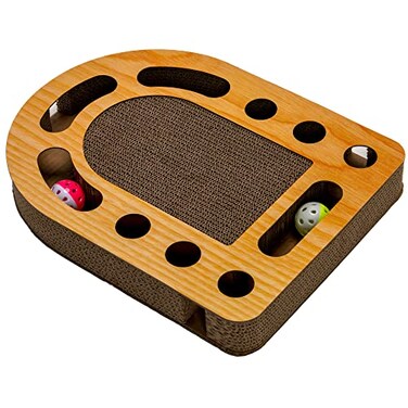 Furhaven Scratching Pad Ball Track Cat Toy w Catnip for Indoor Cats Archway Busy Box Scratcher Tan One Size