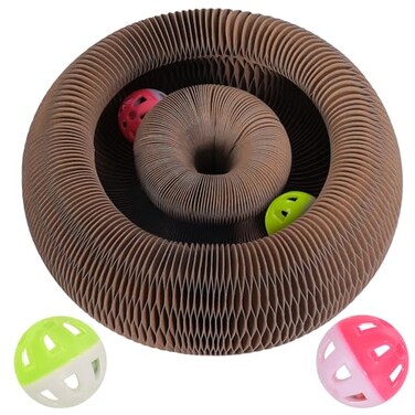 KONOATOR Magic Organ Cat Scratcher Toy with 2 Bell Balls Interactive Transformable Cat Scratching Board Foldable Corrugated Cardboard Track Toy for Indoor Cats Kittens