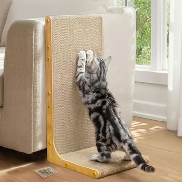 Conlun Cardboard Cat Scratcher 23 LShaped Scratch Pad Vertical WallLeaning Scratching Board to Protect Furniture for Indoor CatsWood Grain Large