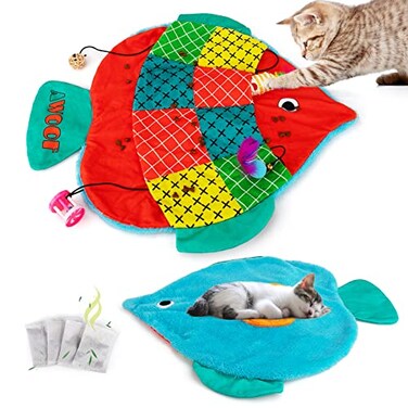 AWOOF Cat Mat Cute Soft Catnip Mat Cat Activity Mat Machine Washable Catnip Toys Interactive Cat Toys for Indoor Cats Fish Shape