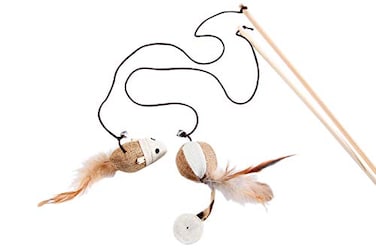 LukPaw Cat Teaser Cat Kitten Toys Set Natural Sisal Wand Teasers with Mouse Bell Feather Elastic String and Sturdy Wood Rod