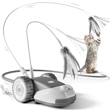 CYROS 3in1 Interactive Cat Toy 2Speed Automatic Moving Mouse Cat Toys Self Play with 2pcs Hanging Feather String Ribbon and Wiggly Silicone Mice Tail for Bored Indoor Adult Cats Kittens