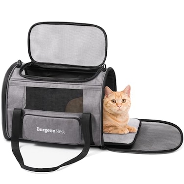 BurgeonNest Cat Carriers for Small Cats Under 15 Medium Puppy Under 25 lbs Large Pet 20 lbs Soft Sided Pet Carrier with Unique Side Bag Medium Grey