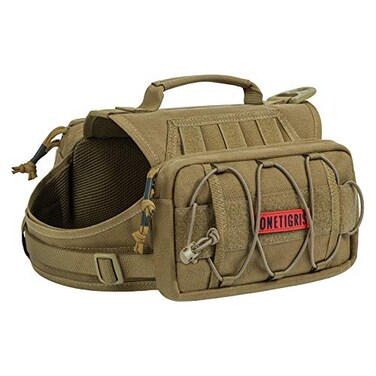 ONETIGRIS Dog Backpack for Medium Large Dogs Nylon Backpack for Dogs Tactical Pet Backpack with Side Pockets for Hiking Walking Training Running Brown Medium