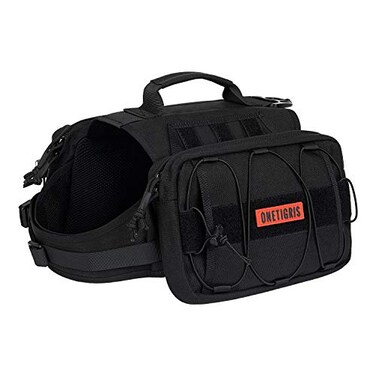 OneTigris Dog Backpack for Medium Large Dogs Nylon Backpack for Dogs Tactical Pet Backpack with Side Pockets for Hiking Walking Training Running Black Large