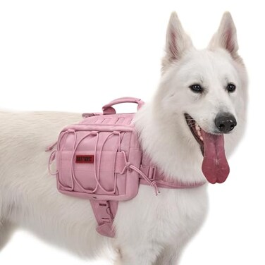 ONETIGRIS Dog Backpack for Medium Large Dogs Mammoth Nylon Dog Pack Tactical Backpack Harness with Side Pockets for Hiking Walking Training Running Pink Large