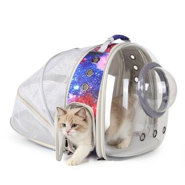 Pimoka Galaxy Blue Cat Bubble BackpackBack Expandable cat Backpack with Clear Window Space Capsule Cat Carrier for Kitten Bunny Small Puppy Vet and Outdoor AdventureGalaxy Blue