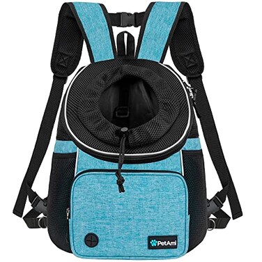 PetAmi Adjustable Cat Dog Chest Carrier Backpack Ventilated for Hiking Camping Max 15 lbs Teal Blue