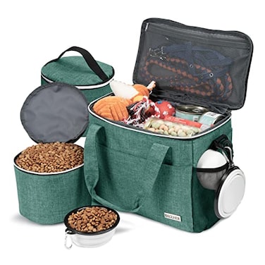 BAGLHER Dog Travel Bag Backpack Pet Supplies Backpack Pet Accessories Storage Bag 5Piece Set With Shoulder Strap 2 Lined Pet Food Containers 2 Foldable Feeding Bowls Essential Kit for Pet travel