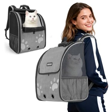 Moysoon Cat Backpack Carrier with Comfort Handle Ventilated Cat Backpack with Reflective Strips with Chest and Shoulder Buckles Foldable Cat Carrying Backpack for Kitty Small Dog up to 15lbsGrey