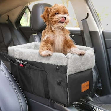 BONTHEE Center Console Dog Car Seat for Small DogsWashable Foldable Console Booster Seat for Puppy Car Seat with Safe Protection Hooks Adjustable Straps and Storage Pocket Pet Up to15lbs