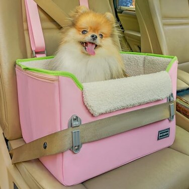 PETSFIT Small Dog Car Seat Patented Safety Buckles Safety Tether Foldable Travel Cat Car Seat Reduces Anxiety Road Trips Stable Frame Soft Cushion Fits FrontBack Seat Pink
