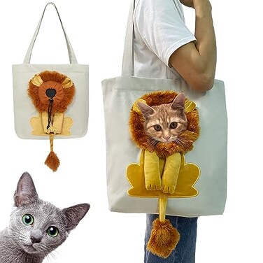 YOOLEETC LionShaped Pet Shoulder Bag for Outings Canvas Material Light GreyLarge