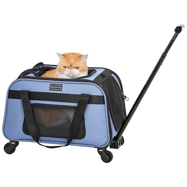 Petsfit Pet Carrier with Wheels Rolling Cat Carrier for Small Cats Airline Approved Pet Carrier with Telescopic Handle Perfect for Travelling Under 13lbBlue